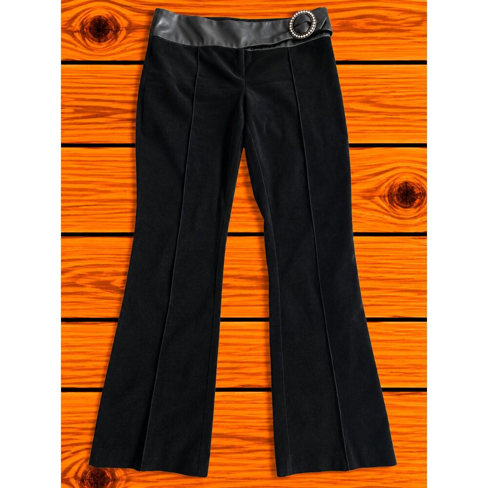 Cache Black Flare Dress Pants Faux Leather Waistband O-Ring Waist Trousers Size